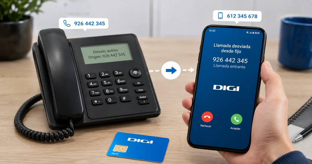 Teléfono fijo DIGI desviando una llamada a un móvil, con tarjeta SIM de DIGI sobre la mesa