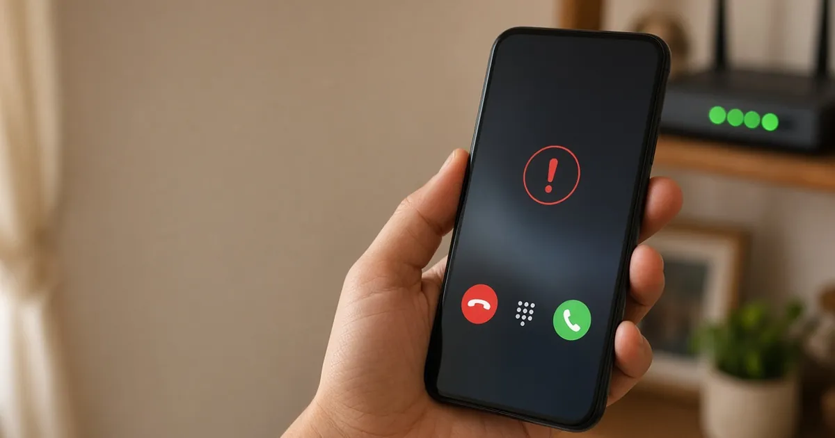 Móvil recibiendo una llamada sospechosa con un aviso rojo y un router wifi al fondo