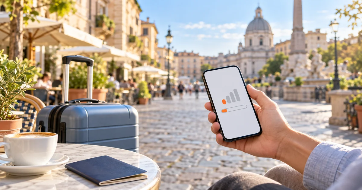 Móvil con el indicador de datos casi agotado junto a una maleta y un pasaporte en la terraza de una plaza europea